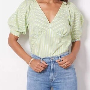 Sanctuary Green & White Stripe Puff Sleeve V-Neck Short Sleeve Cotton Top Small